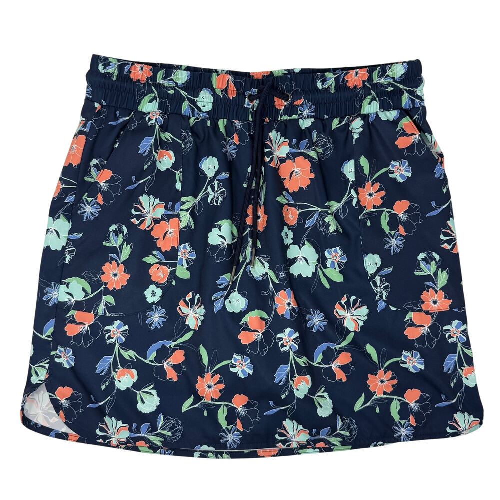 St. John's Bay Women's Small Skort Skirt Floral Navy Blue Drawstrings Pockets